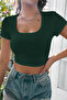 Women's Elegant Touch Green Half Sleeve Solid Collar Crop Top Blouse - 3