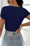 Women's Elegant Touch Navy Blue Half Sleeve Solid Collar Crop Top Blouse