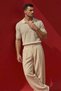 Men's Textured Corded Fabric Knitwear T-Shirt Beige- Polo Collar, Half Zipper, Fit, Summer, Knitted - 2