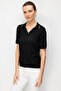 Women's Polo Collar Lace-Like Knit Fine Knit Blouse Black - 3