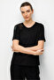 Women's Crew Neck One-Shoulder Embroidered Combed Cotton T-Shirt Black - 3