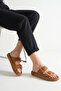 Women's Tan Matte Orthopedic Sole Double Buckle Straw Slipper - 4