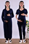 Cotton Piece Maternity and Breastfeeding Pajama Set with Dressing Gown Effortt - Navy Blue