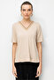 Women's V-Neck Collar Two-Color Embroidered Stone-Embellished Combed Cotton T-Shirt Beige - 4