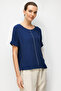 Women's Crew Neck Low Sleeve Combed Cotton T-Shirt with Stones on the Front in Navy Blue - 4