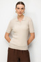Women's Polo Collar Hair Braided Fine Knit Blouse Beige
