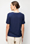 Women's V-Neck Front Sequin Embroidered Combed Cotton T-Shirt Navy Blue - 4