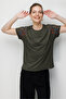 Women's Crew Neck Embroidered Low Sleeve Combed Cotton T-Shirt Khaki