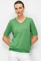 Women's V-Neck Lace-Like Knit Short Sleeve Fine Knit Blouse Moss