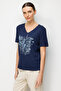 Women's V-Neck Front Sequin Embroidered Combed Cotton T-Shirt Navy Blue - 3