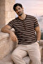 Kristof Piqué Fabric Regular Fit Button-Down Collar Self Striped T-Shirt - Brown - 4