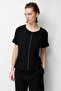 Women's Crew Neck Low Sleeve Combed Cotton T-Shirt with Stones on the Front in Black