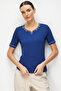 Women's Crew Neck and Sleeve Embroidered P Cotton U Combed Cotton T-Shirt Navy Blue - 3