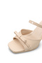 Fabiola Vellini Beige Nubuck Patent Leather Women's Stylish Double Strap Comfortable Thin Heeled Slippers with Bow Detail - 5