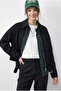 Women's Black Oversize Belt Detailed Zippered Lined Bomber Jacket 2911 60286013