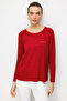 Women's Crew Neck Pocket Satin Striped Combed Cotton Blouse Red - 3