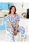 Blue Color White Flower Pattern Milan Fabric Shirt Collar Buttons Spring Women's Pajamas Set - 3