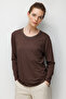 Women's Round Neck Collar Chain-Edge Combed Cotton Blouse Dark Brown