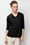 Women's V-Neck Shoulder Embroidered Combed Cotton Blouse Black