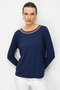 Women's Round Neck Two-Color Embroidered Stone-Embellished Combed Cotton Blouse Navy Blue