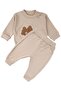 Baby Boy Beige Brown Bear Embroidered Drawstring Double Set
