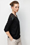 Women's V-Neck Shoulder Embroidered Combed Cotton Blouse Black - 4