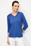 Women's V-Neck Embroidered Combed Cotton Blouse Indigo