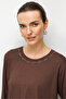 Women's Round Neck Embroidered Collar Edge Combed Cotton Blouse Dark Brown - 2