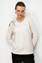 Women's Crew Neck Embroidered Combed Cotton Blouse Beige - 3