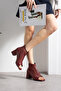 Rania Bordo D Leather 5 cm Heel Boots with Zipper Detail