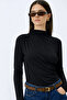 Black Draped Turtleneck Long Sleeve Blouse - 3