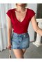 Women's Burgundy V-Neck Low Sleeve Viscose Elasthane Blouse - 6