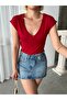 Women's Burgundy V-Neck Low Sleeve Soft-Textured Stretchy Viscose Blouse - 2