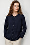 Women's Crew Neck Cardigan with Pocket and Diamond Pattern Fine Knit Dark Blue - 4