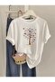 Women's Crew Neck Printed Cotton Oversized White T-Shirt with Round Collar
