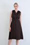 Bitter Brown Buttoned Linen Woven Dress with Ruffle Detail on the Front and Belt Alc-X15330 - 6