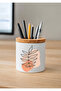 Printed Ceramic Pen Holder with Boho Design and Wooden Detail Desktop Pen Holder