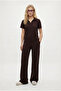 Women's Nadia Modal Touch Polo Collar Waist Elastic Pocketed Brown Bottom Top Set - 4