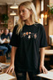 Women's Black Front Cat Printed Side Slit Cotton T-Shirt Arm-26Y137002 - 2