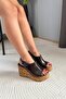 Women's Pure Brown Patent Leather 10 cm Padded Written Cork Sole Shoes - 5