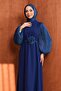 Navy Blue Balloon Sleeve Rose Detailed Evening Dress - 2