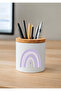 Printed Ceramic Pen Holder with Boho Design and Wooden Detail Desktop Pen Holder