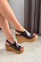 Women's Pure Brown Patent Leather 10 cm Padded Written Cork Sole Shoes - 2