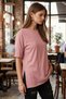 Women's Dusty Rose Round Neck Double Sleeve T-Shirt with Sides Slit Cotton in T-Shirt Arm-26Y137001 - 3