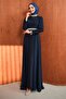 Navy Blue Collar Detail Stone Evening Dress - 3