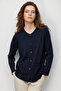 Women's Crew Neck Cardigan with Pocket and Diamond Pattern Fine Knit Dark Blue