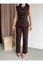 Round Neck Buttoned Belt Accessories Included Lined Vest Set Front Pleated Pocketed High Waist Trouser Suit - 3