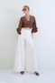 Ecru Self-Belted High Waist Pleated Wide Leg Gabardine Trousers Alc-X15439 - 5