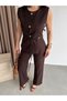 Round Neck Buttoned Belt Accessories Included Lined Vest Set Front Pleated Pocketed High Waist Trouser Suit - 4