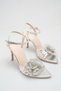Women's Evening Dress Sandals with Stone Flower Detail in Silver